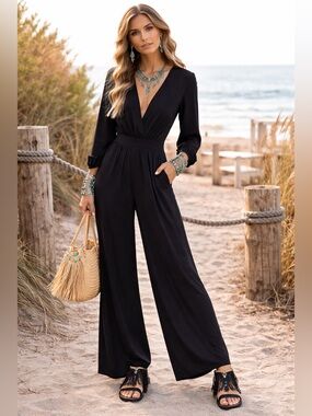 VONDA LADY Solid Black V-neck Bracelet Sleeve Jumpsuit Pantsuit Size Large